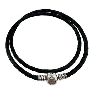 Pandora 925 Sterling Silver Black Braided Leather Wrap Charm 15” Bracelet